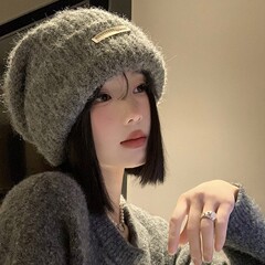韩系冬天帽子女款含羊毛针织帽大头围显脸小堆堆帽纯色保暖毛线帽