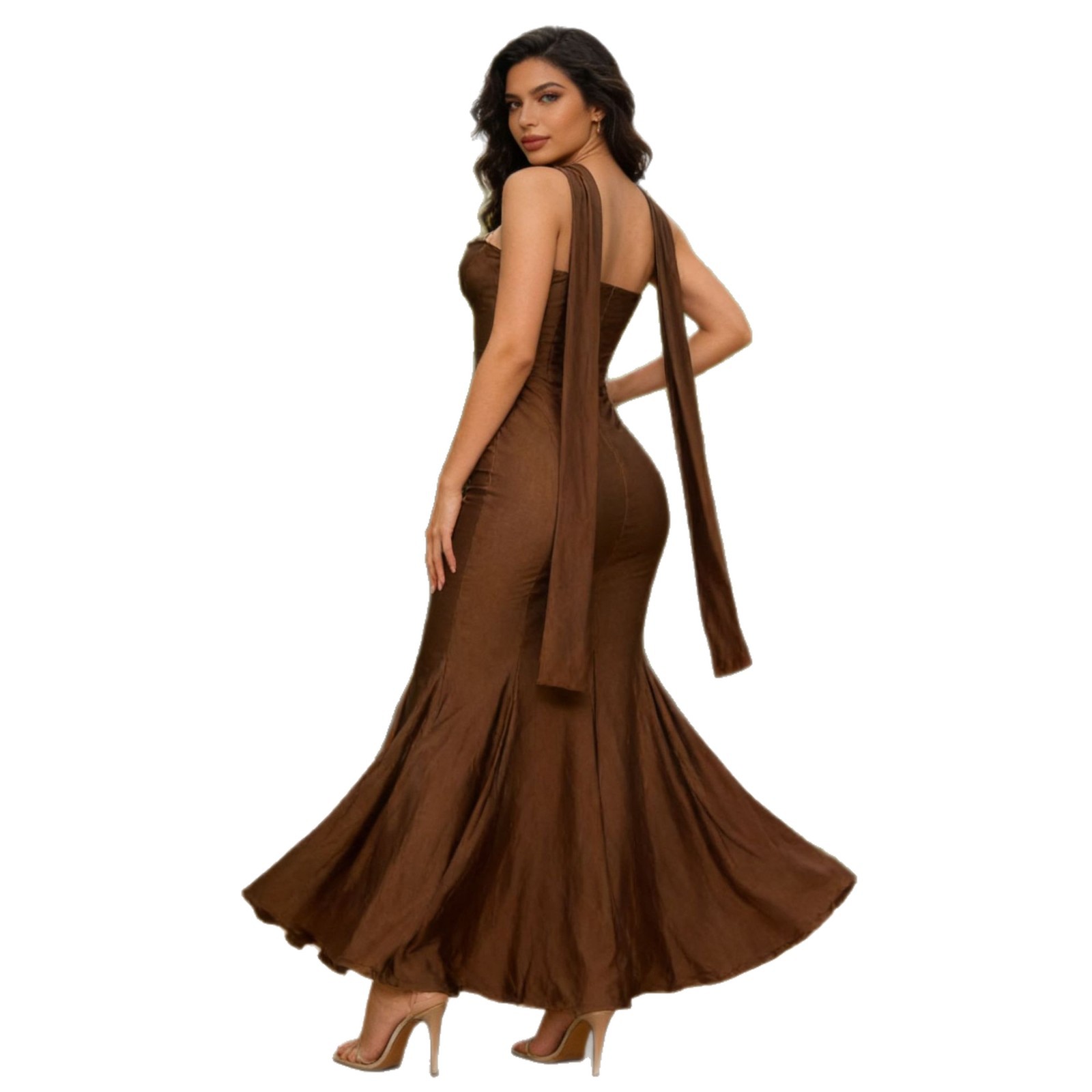 Robe de soirée moulante à décolleté plongeant et jupe sirène, style européen-américain, dos nu, ruban, coupe ajustée, idéale pour les banquets._voghion.com