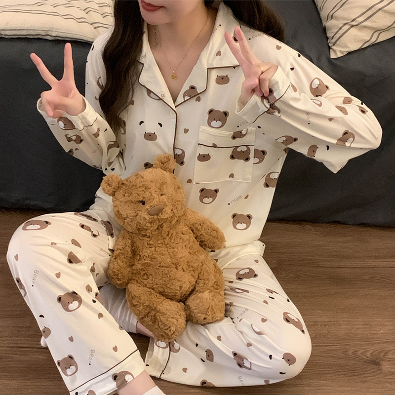 El comercio exterior de primavera y otoño pijamas algodón para las mujeres ins lindo dibujos animados solapa cardigan suelta delgada vestir prendas exteriores homewear