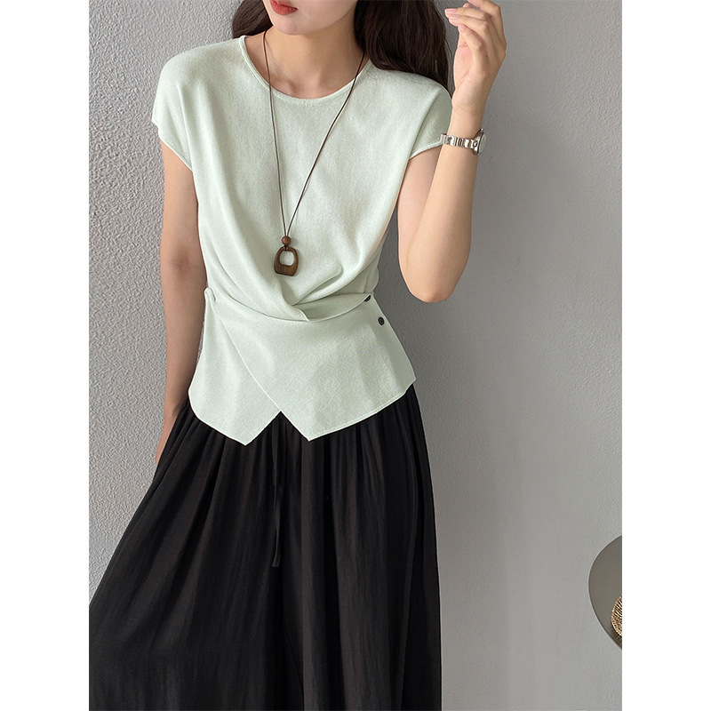 Jiangzuo Korean-Style Asymmetrical Ice Silk Knit Top for Women, Summer Slim-Fit Short-Sleeve Top L9106 Jiangzuo Korean-Style Asymmetrical Ice Silk Knit Top for Women, Summer Slim-Fit Short-Sleeve Top L9106