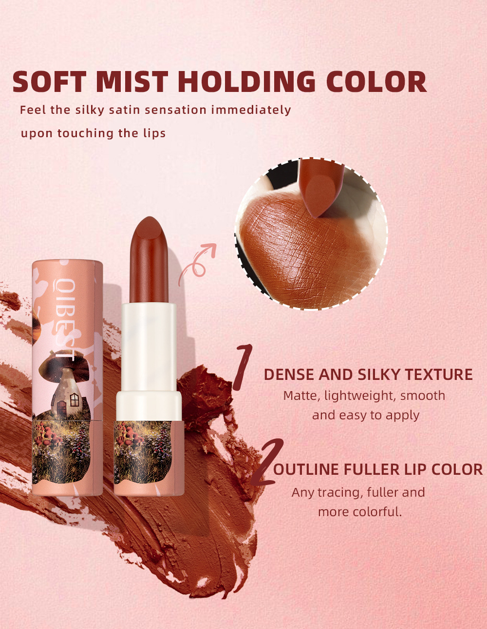 QIBEST Moisturizing matte new Color Lipstick has a velvety misty texture that is not easy to fade and lasts long. It is a cross-border nude color lipstick undefined