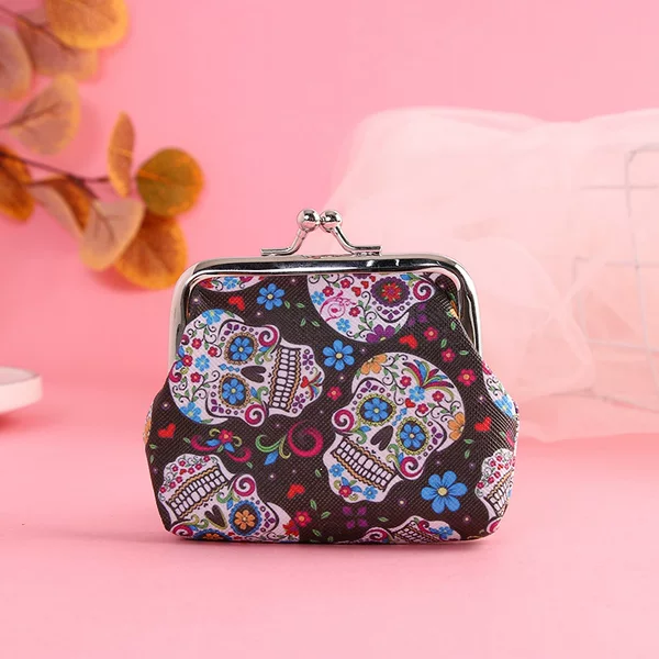 Leather Creative Digital Print Coin Purse Personalized Skull Iron Buckle Bag Women's Short Wallet