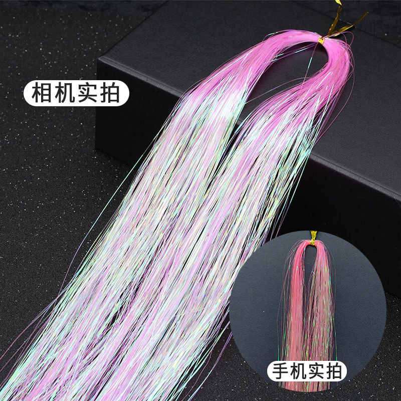 Amazon caliente tinselhair láser de alambre de oro brillante hilo de metal colorido sin costuras fábrica de fuente de cabello