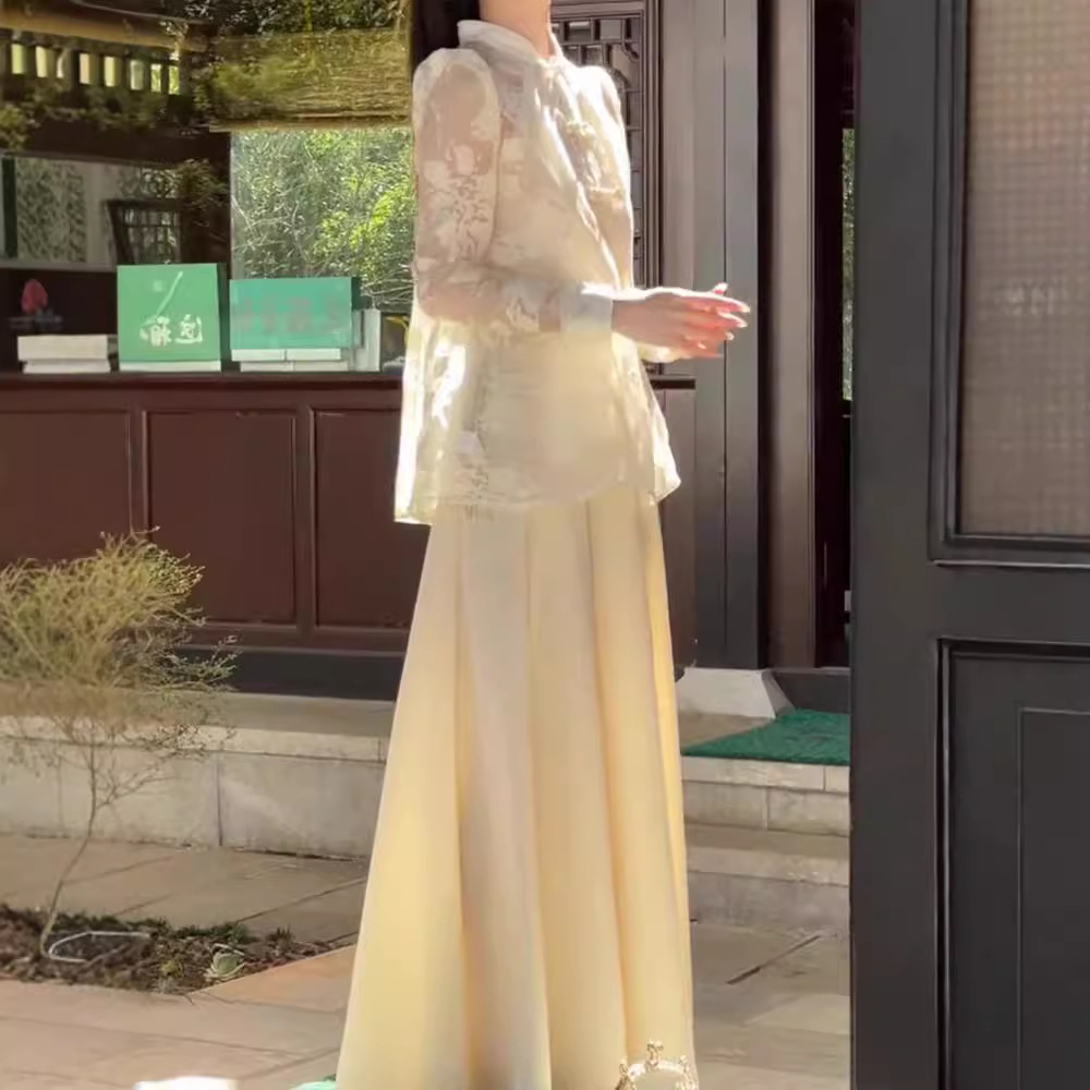 New Chinese Style National Style Women's Suit Salt Style Light Mature High-end Sense Chic Beautiful Top Wide Leg Pants Two-piece Suit Summer