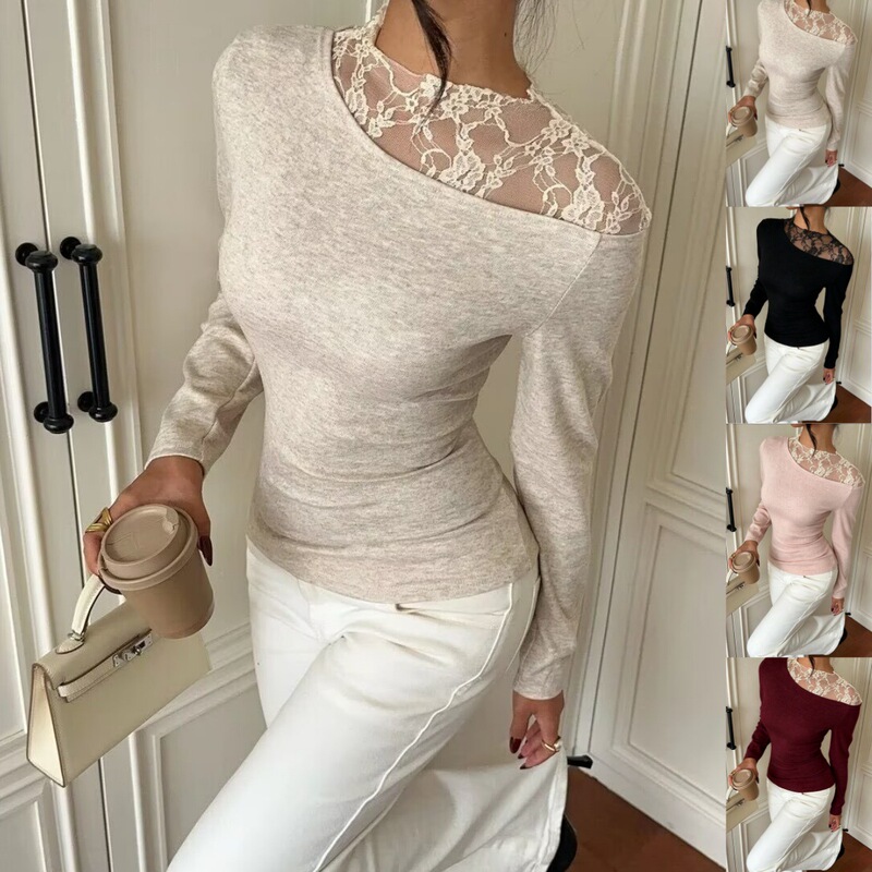 European and American cross-border Amazon women's clothing 2026 autumn and winter versatile lace spliced knitted long-sleeve T-shirt base shirt top