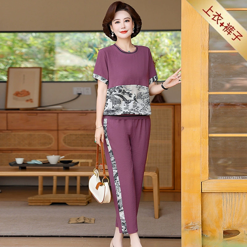 Летняя женская повседневная рубашка с короткими рукавами 2024 новый средний и пожилой мамы с круглым вырезом