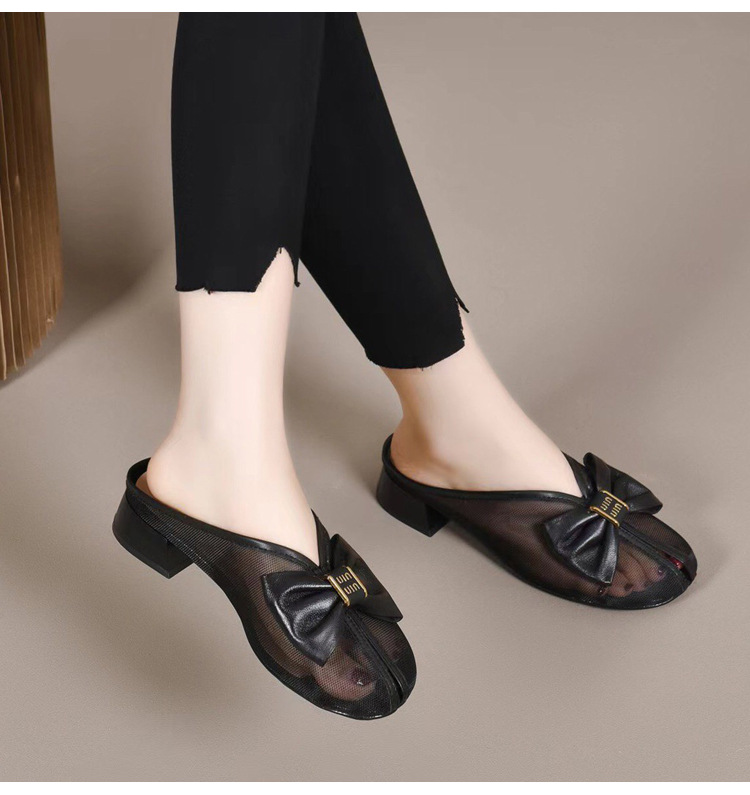 Dép sandal nữ bít mũi lưới da thật đế bệt phong cách tiên nữ — Màu đen chi tiết 13