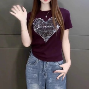 2025 Summer Pure Cotton Crewneck Shoulder T-shirt European and American Spice Girls Wind Heavy Industry Love Hot Diamond Short Sleeve Base Shirt Top