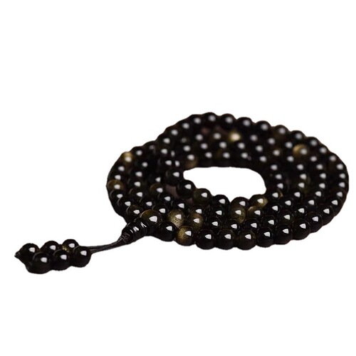 【Certificate Available】Natural Golden Sunstone 108-Count Buddhist Rosary Beads Black Obsidian Bracelet Men and Women's Jewelry