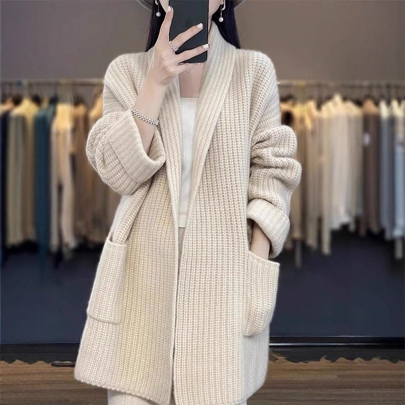 Korean Style Autumn and Winter Lazy Style Thick Line Large Size Sweater Elegant Mid-Length Top Loose Knitted Cardigan Jacket Women's Trend