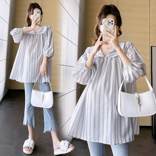 Real shot in stock 2023 Autumn New sweet striped loose shirt pregnant women's top simple