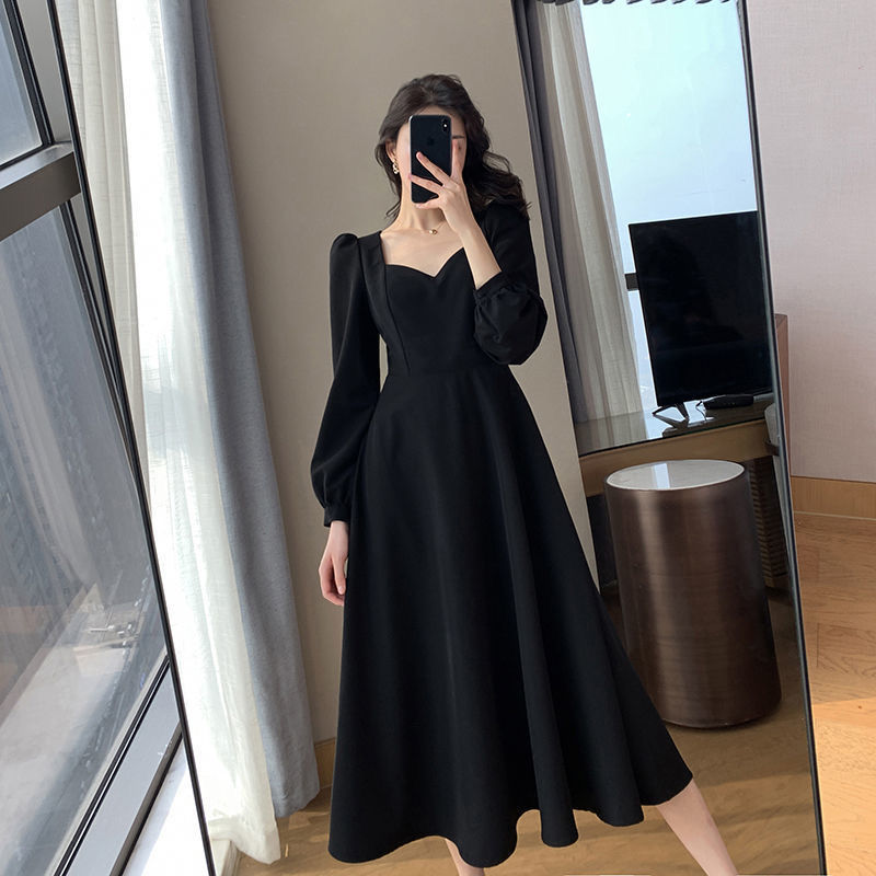 햅번 스타일 여성용 리틀 블랙 드레스 2026 봄 가을 신상 레트로 V넥 롱 드레스 무릎 기장 블랙 우아한 원피스