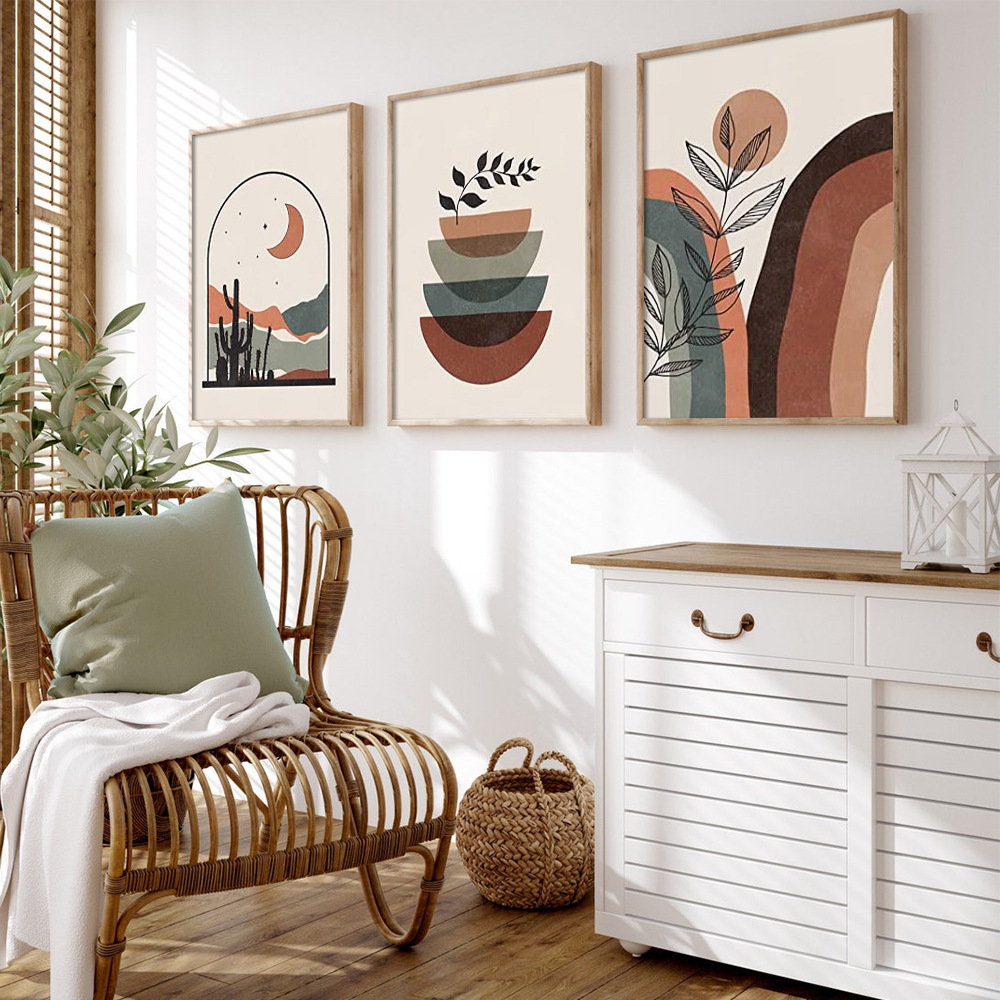 Bo Haw Abstract Geometric Green Leaf Line Poster Beige Mountain Wall Art Canvas Painting Printing Living Room Decoration Painting Core