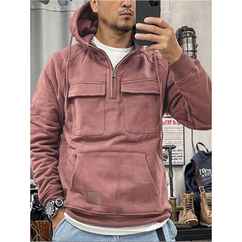 Spring and Autumn Men's Hooded Solid Color Sweatshirt, European and American Youth Sports Multi-Pocket Faux Fur Sweatshirt Jacket