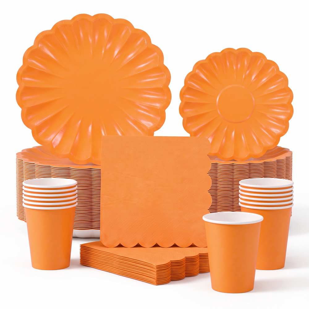 Orange wavy edge party tableware, petal paper plates, wavy napkins, paper cups, birthday picnic dessert table paper plates