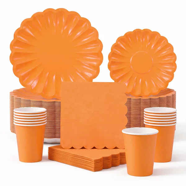 Orange wavy edge party tableware, petal paper plates, wavy napkins, paper cups, birthday picnic dessert table paper plates