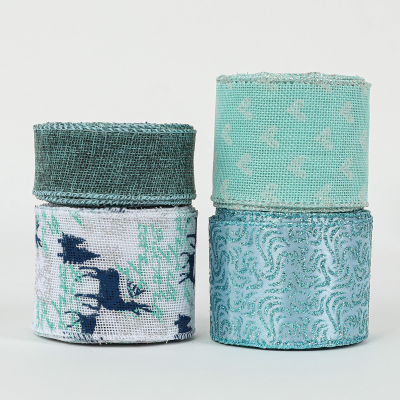 Navidad nuevo 6,3 cm arco azul ELK patrón imitación Lino cinta hierro alambre borde DIY arco cinta