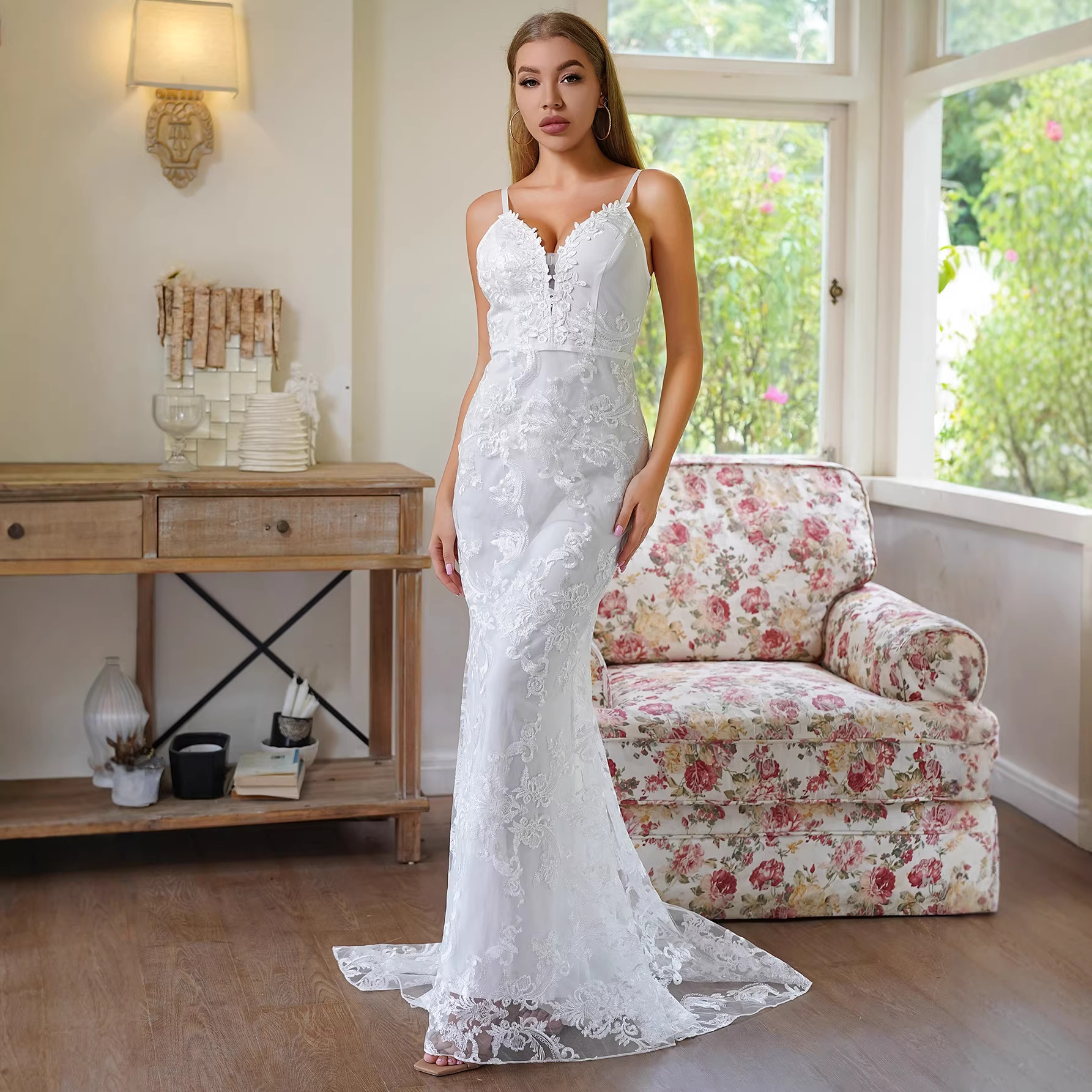 Vestido transfronterizo europeo y americano Amazon sexy banquete fiesta boda SLIM-Fit vaina dama de honor pequeño vestido de arrastre