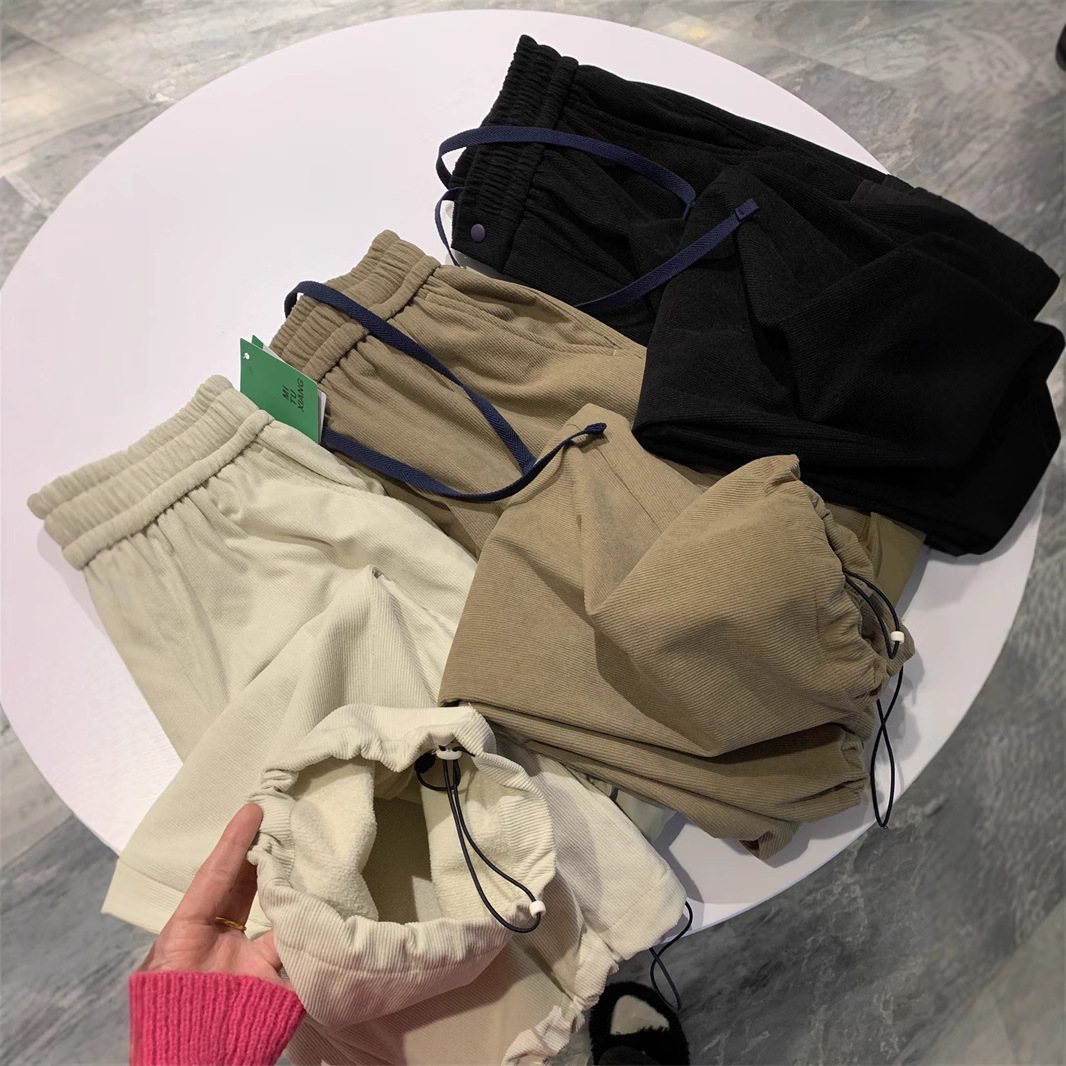 美式咔嘰!秋冬男士薄絨保暖舒適鬆緊腰燈芯絨工裝直筒抽繩休閒褲