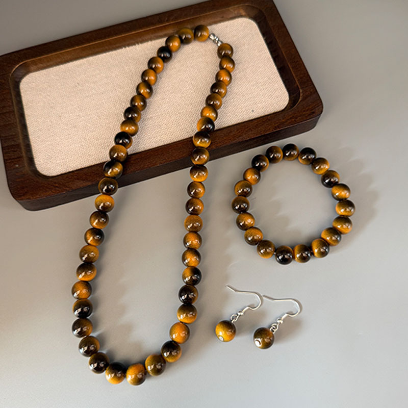 Imitation Tiger Eye Stone Necklace Set, Mother's Chain Three-Piece Set, Holiday Gift, Retro Versatile Clavicle Chain, Live Broadcast Hot Style