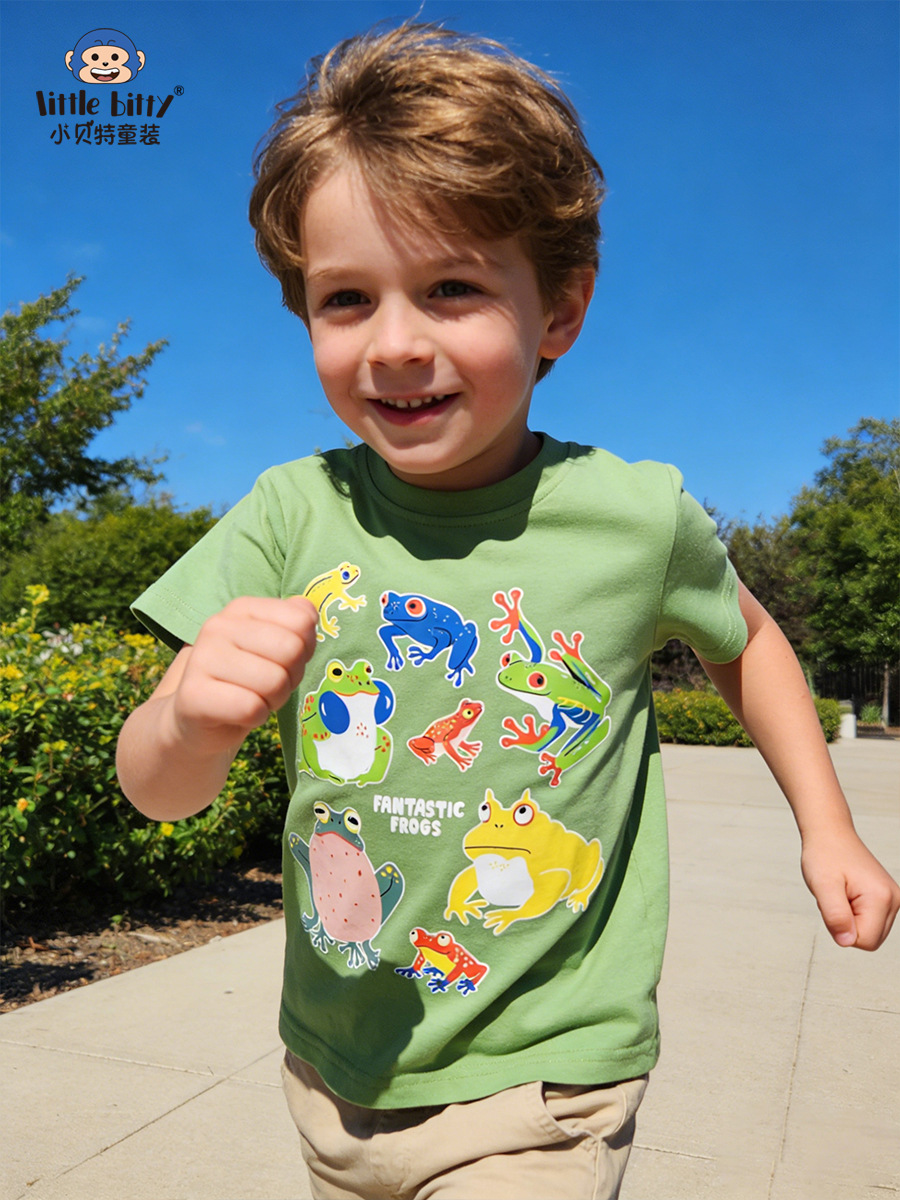 Cross-Border Supply 26 Years of Experience in Spring and Summer Children's Short-Sleeve T-Shirts with Cartoon Frog Print, Round Neck Boys' Tops, In-Stock Clothing