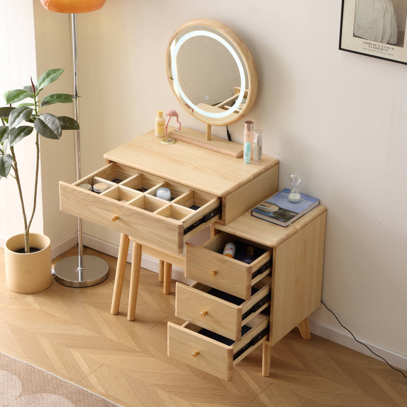 Gabinete de almacenamiento de mesa de maquillaje de madera maciza comedor de dormitorio pequeño tipo moderno simple meseta de cabezal de cama retráctil integral