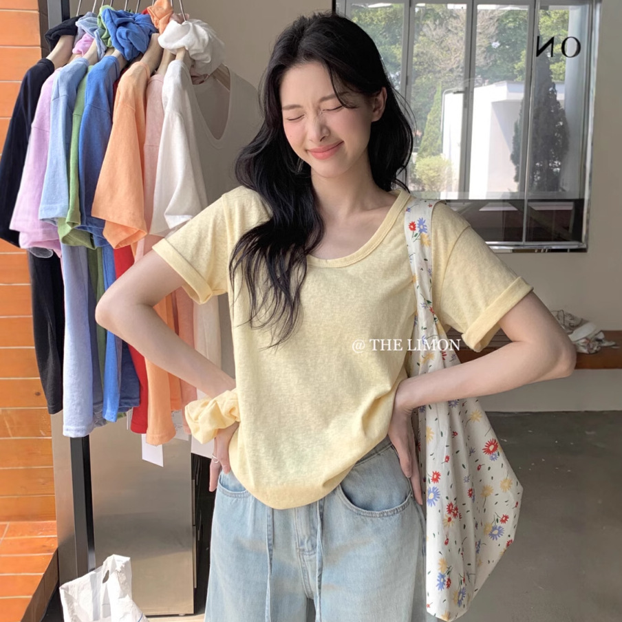 Liquidación, sin devoluciones ni cambios, camiseta de manga corta con cuello en U, estilo básico de té verde limón, estilo coreano simple de verano 2025, para mujer, con lazo para el pelo. image 5