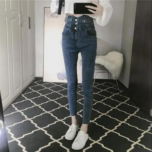 High-waisted jeans for women's spring new style, large size, fat, figure-flattering, elastic, tight-fitting pencil pants with small feet