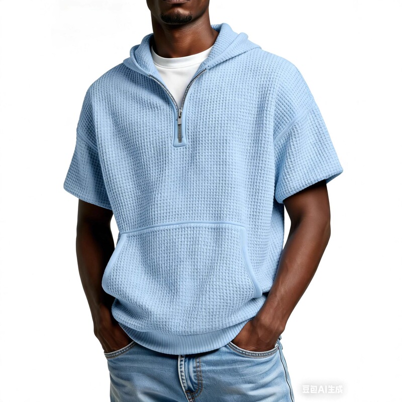 Cross-Border Foreign Trade New Summer Waffle-Style Men's Hooded Sweatshirt Casual Short-Sleeve European and American Style Zip-Up Pullover Top