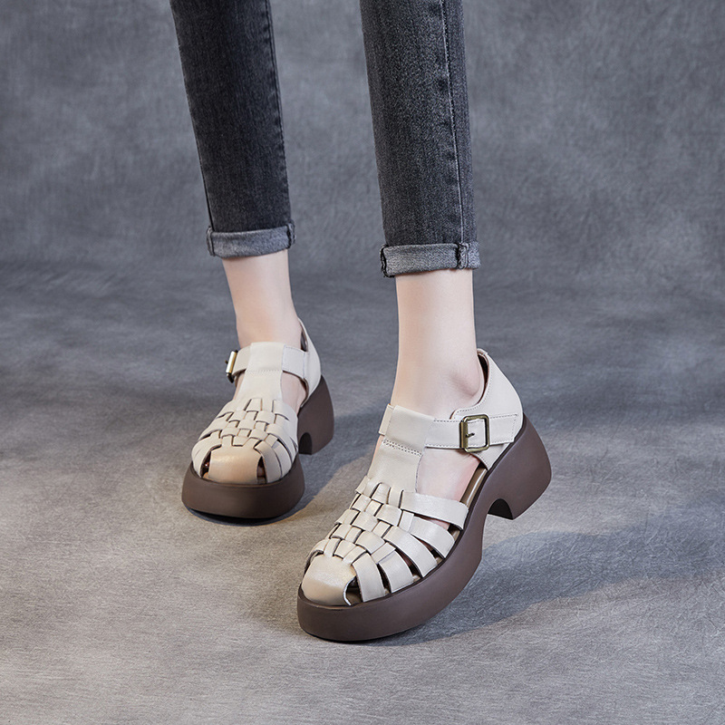 Summer woven sandals platform with velcro