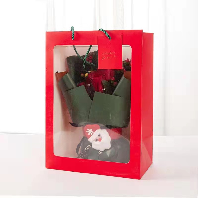 橱窗透明手提袋 鲜花店花束包装开窗礼品袋圣诞节礼物袋批发纸袋