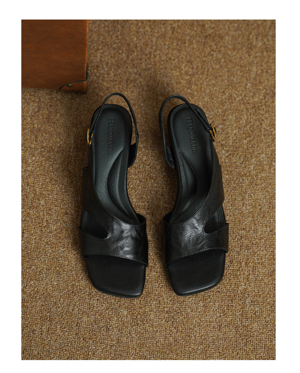 Sandal nữ hở mũi da dê gót thấp 4,5 cm phong cách Hàn Quốc khóa cài đơn giản — đen chi tiết 15