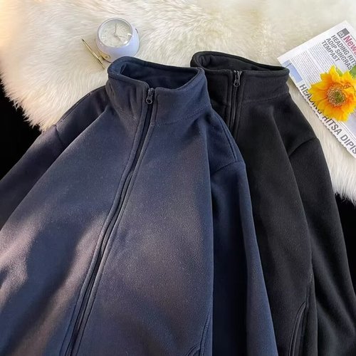 2025 Autumn New Plush American Style Men's Stand Collar Open Shirt with Added Fleece and Thick Warm Jacket