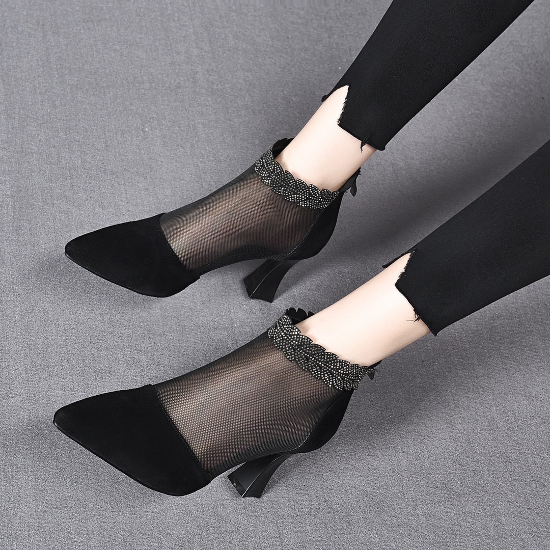 Boot lưới nữ cao gót mùa hè, cổ thấp, chất liệu da thật thoáng khí — Màu Đen Cashmere + lưới