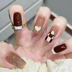 Gentle and sweet style nail art patch love checkerboard French style long wearable nail removable whitening fake nail patch