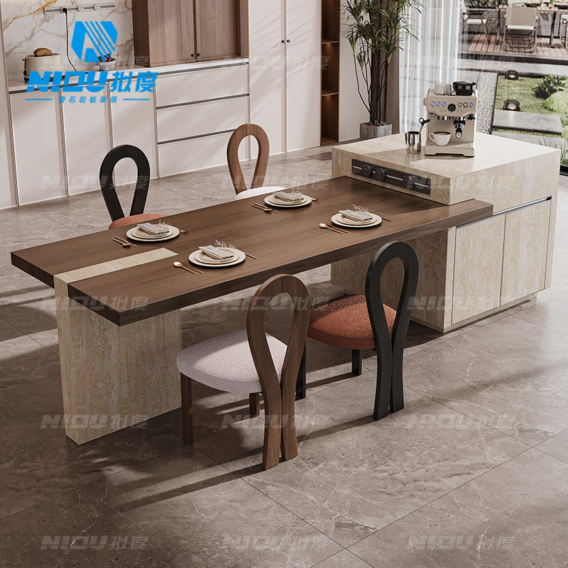 Integrated Slate Island Dining Table for Home Use, Extendable Kitchen Island for Small Apartments, Light Luxury Style