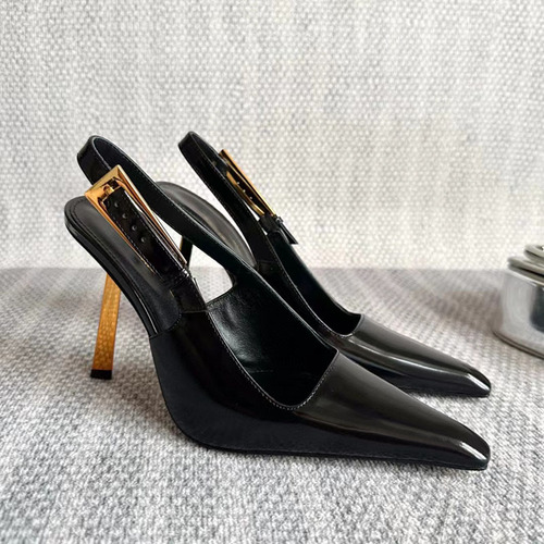 2024 Spring New Baotou Flat Sandals with High Heels, Slim Heel, Pointed Toe, Backless, Open Toe, Polished Leather, Shiny Surface for Women