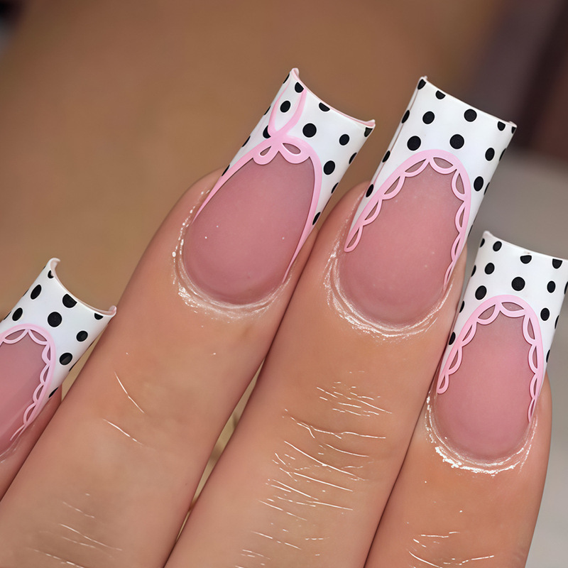Cross-Border 24-Piece Set of Nail Stickers with Black Polka Dots, Pink Bow, and White French Ballet Style Wearable Nails