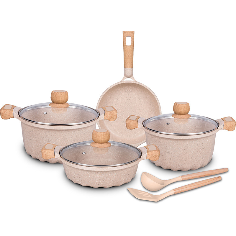MGC Francia 9 piezas cocina casera antiadherente fondo plano destilado de aluminio horno electromagnético de fuego abierto olla de arena general
