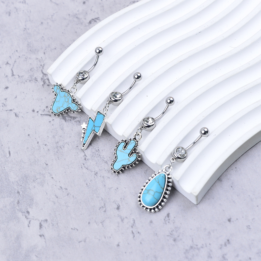 Turquoise Piercing Navel Ring Creative Retro Bullhead Cactus Style_voghion.com