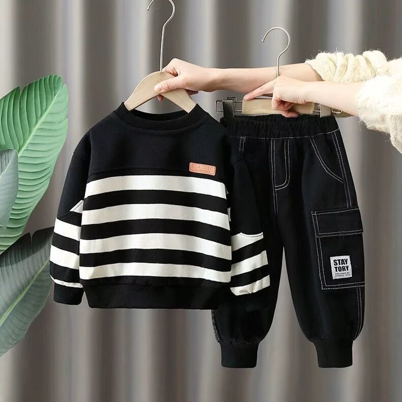 Boys' Striped Sweatshirt Spring and Autumn 2024 Western Style New Children's Autumn Clothing Handsome Korean Style Children's Casual suit