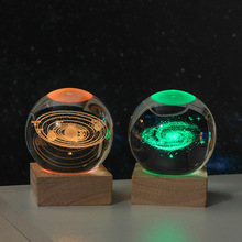 水晶球3d内雕太阳星空小夜灯七彩木质底座创意桌面摆件氛围灯装饰