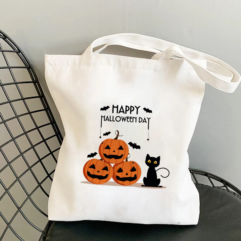 Open Closure Type Halloween Unisex Canvas Animal Pumpkin Letter Streetwear Square Open Shoulder Bag Canvas Bag
