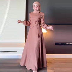 2025年新款欧美亚马逊跨境外贸女装抽绳系带显瘦长袖纯色简约长裙