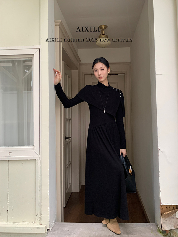 爱西里2025秋气质高领不规则斗篷披肩收腰显瘦针织连衣裙女A1611|undefined