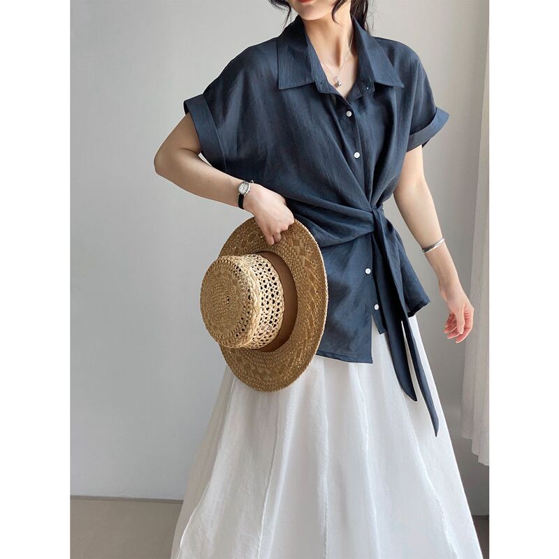 That Commutingism Korean Tencel Linen Temperament Strap Waist Shirt Women's Thin Slim Top 6082