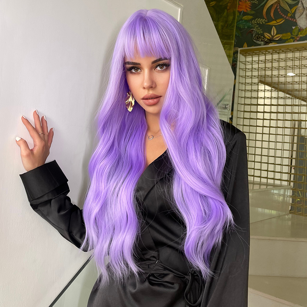 Pelucas de color rosa largo con flequillo onda pelucas sintéticas para las mujeres