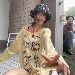可爱卡通Kitty猫印花T恤女夏季新款宽松显瘦休闲上衣薄款防晒罩衫