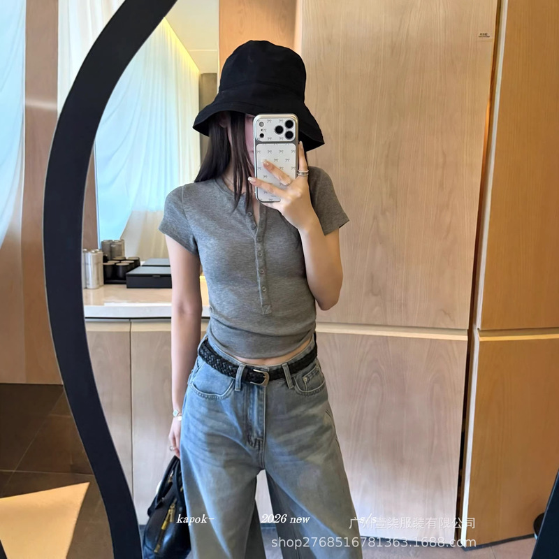 Thirteen Lines Kapok Spring Casual New Korean Style Regular Shoulder Versatile Slim Fit Half-Button Short Sleeve T-Shirt 726103