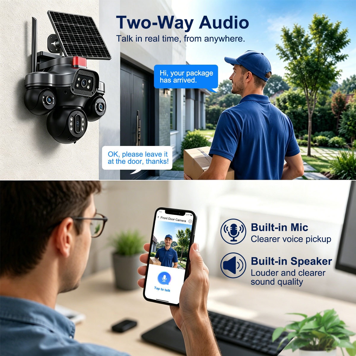 V380 solar-powered surveillance camera, triple lens, night vision